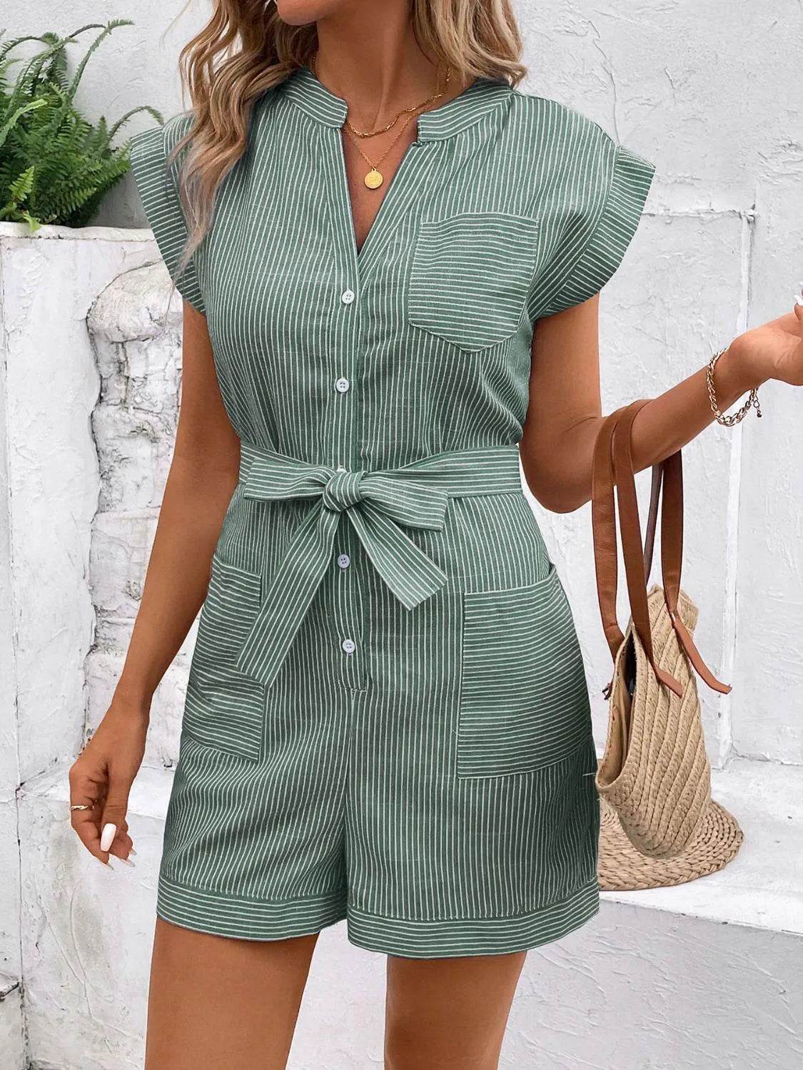 Bona Fide Fashion - Striped Notched Tie Waist Romper - Women Fashion - Bona Fide Fashion