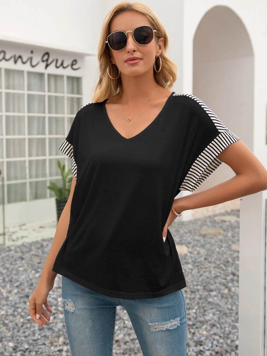 Bona Fide Fashion - Striped V-Neck Short Sleeve T-Shirt - Women Fashion - Bona Fide Fashion