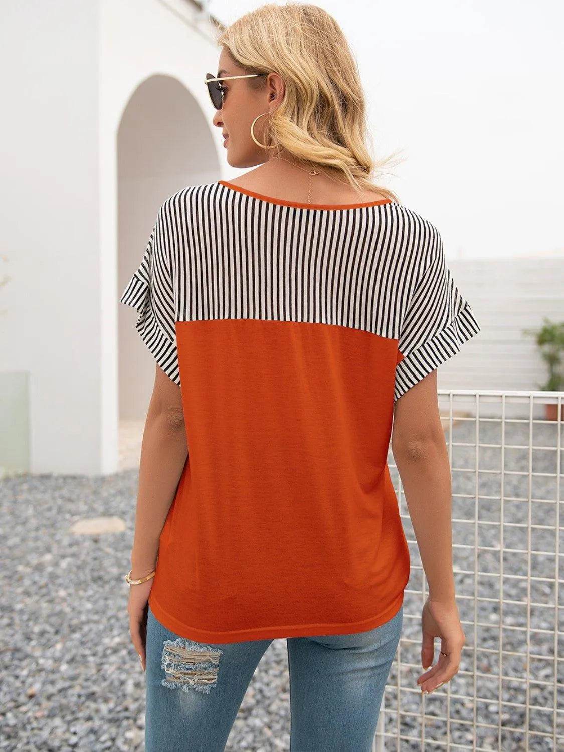 Bona Fide Fashion - Striped V-Neck Short Sleeve T-Shirt - Women Fashion - Bona Fide Fashion
