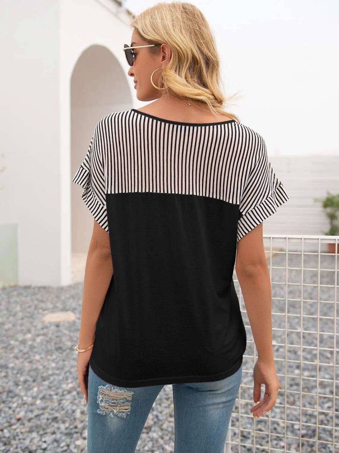 Bona Fide Fashion - Striped V-Neck Short Sleeve T-Shirt - Women Fashion - Bona Fide Fashion