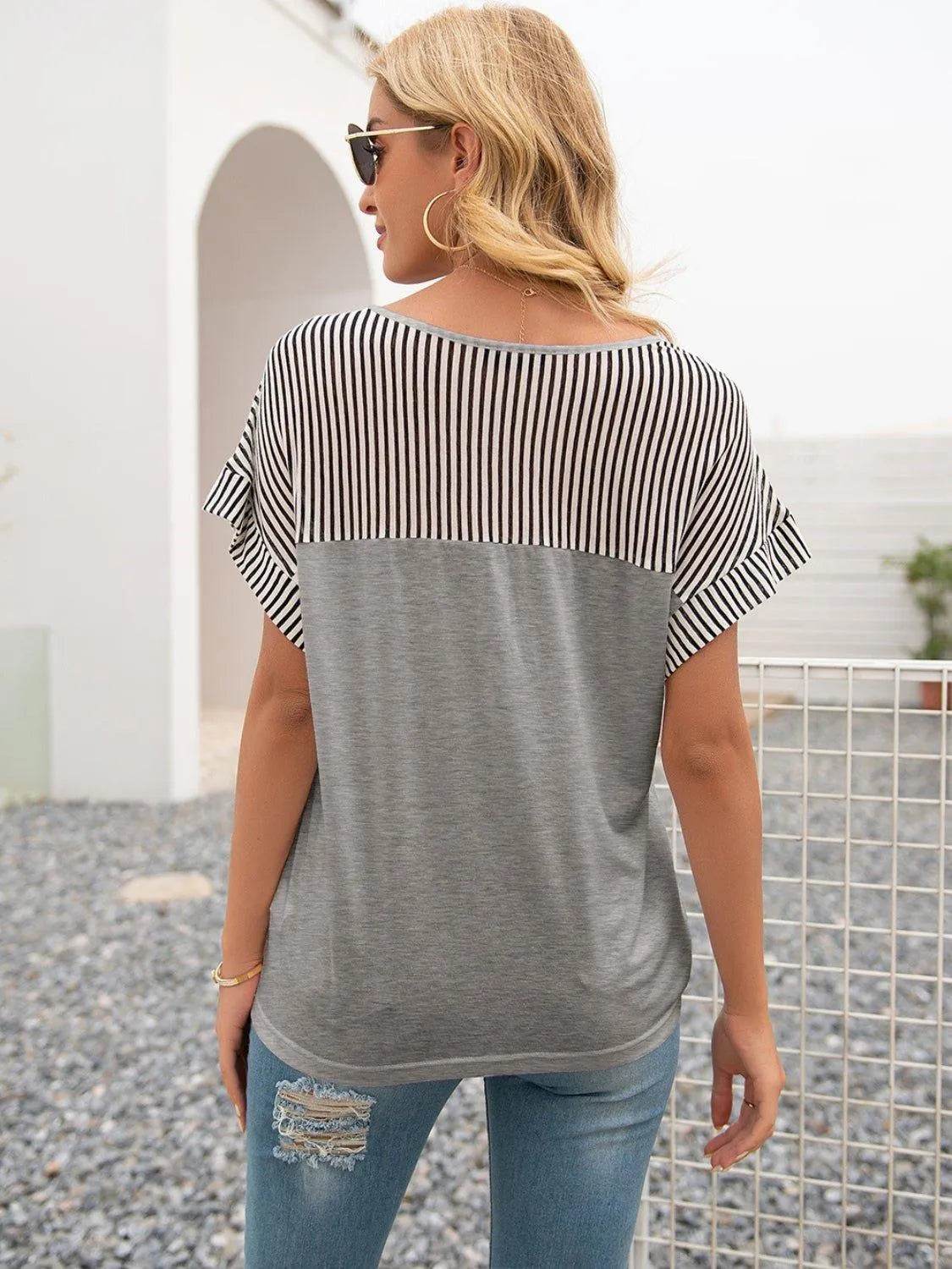Bona Fide Fashion - Striped V-Neck Short Sleeve T-Shirt - Women Fashion - Bona Fide Fashion