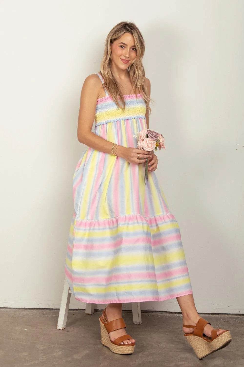 Bona Fide Fashion - Striped Woven Smocked Midi Cami Dress - Women Fashion - Bona Fide Fashion