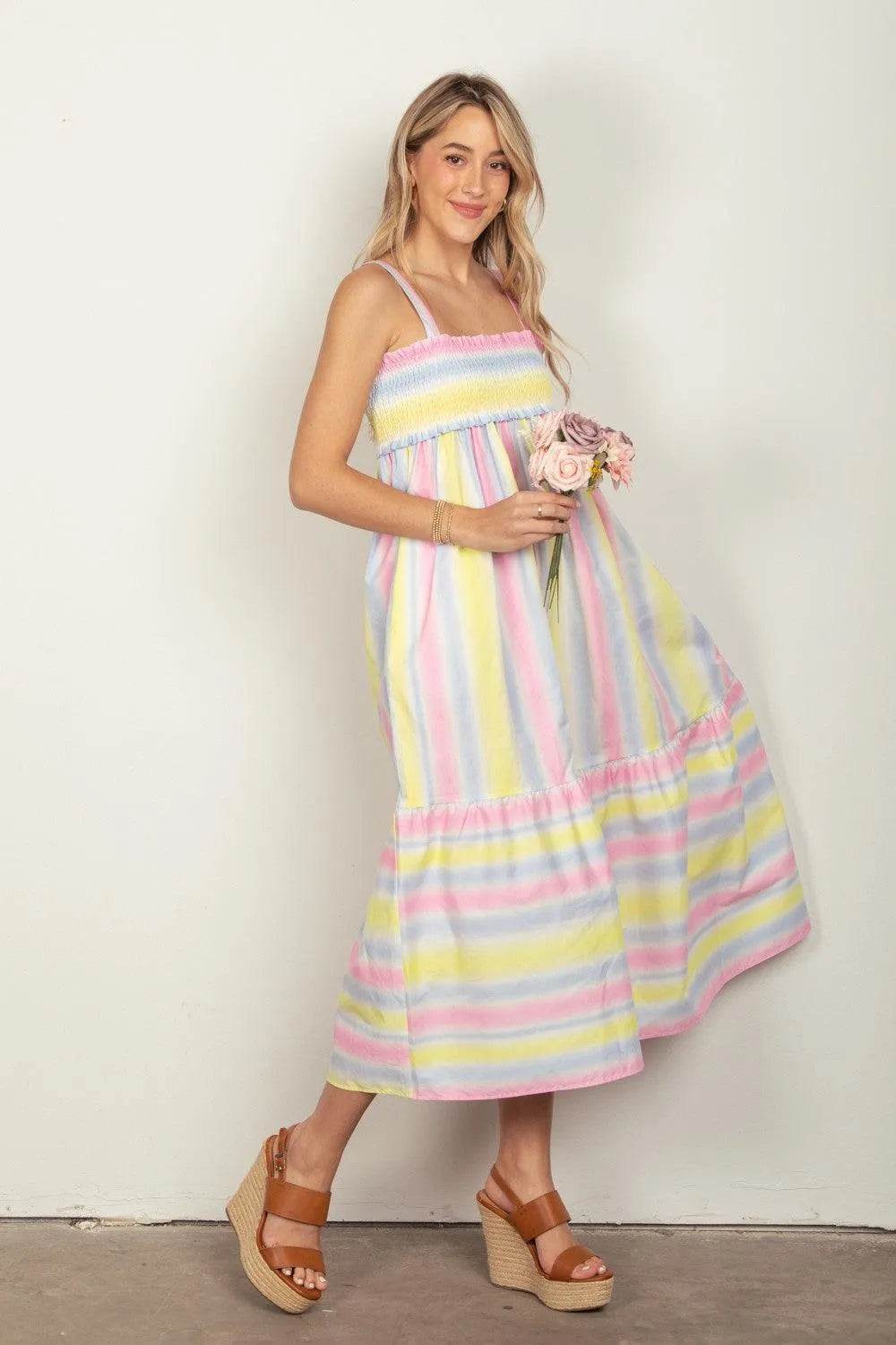 Bona Fide Fashion - Striped Woven Smocked Midi Cami Dress - Women Fashion - Bona Fide Fashion