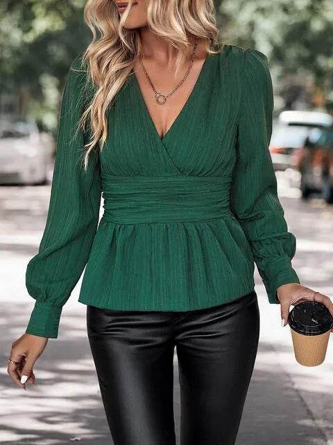 Bona Fide Fashion - Surplice Neck Long Sleeve Peplum Top - Women Fashion - Bona Fide Fashion
