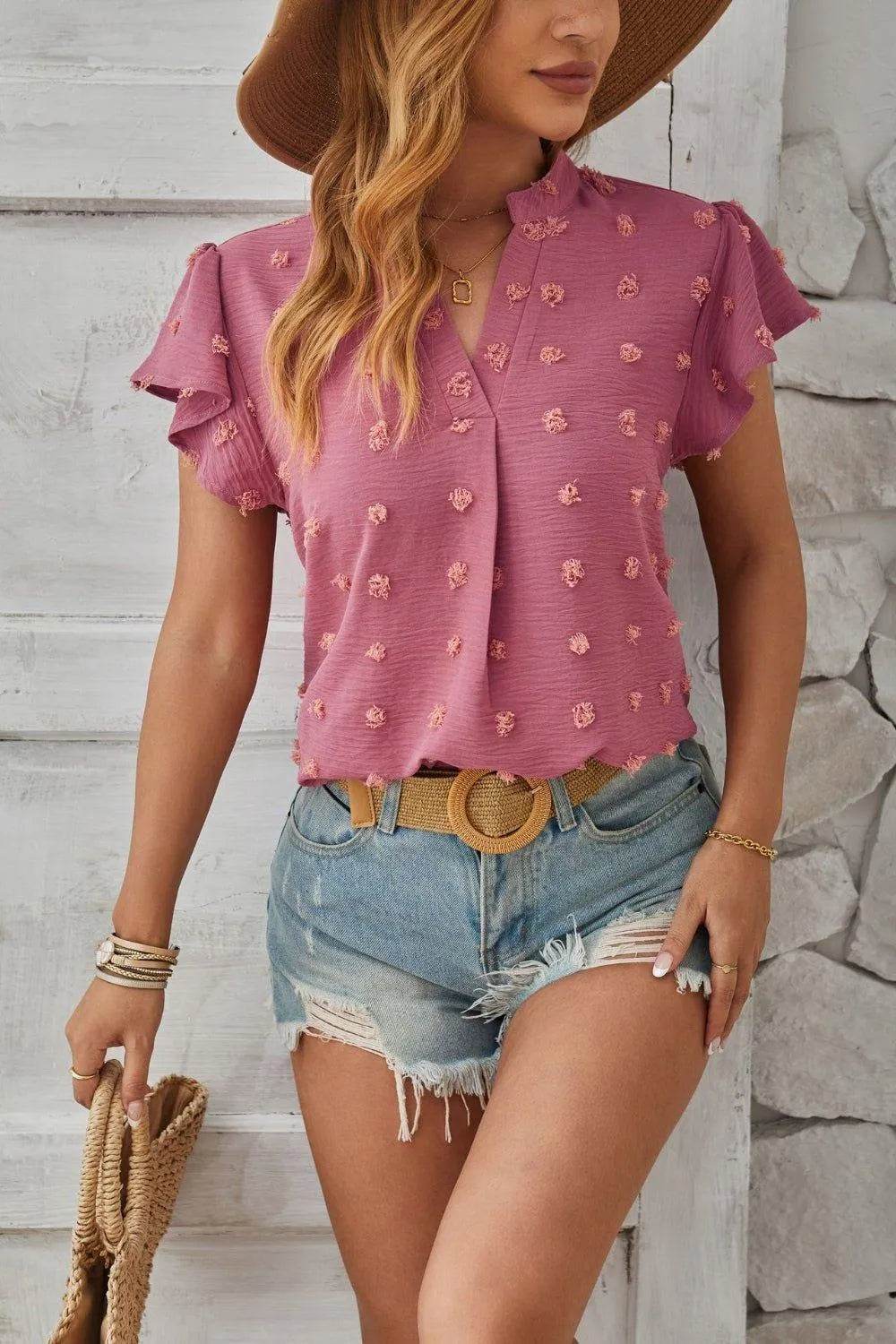 Bona Fide Fashion - Swiss Dot Notched Cap Sleeve T-Shirt - Women Fashion - Bona Fide Fashion