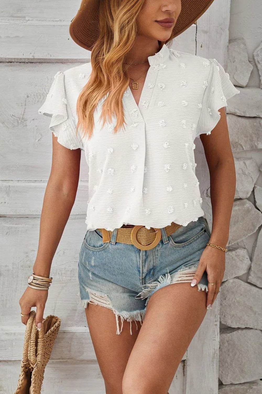 Bona Fide Fashion - Swiss Dot Notched Cap Sleeve T-Shirt - Women Fashion - Bona Fide Fashion