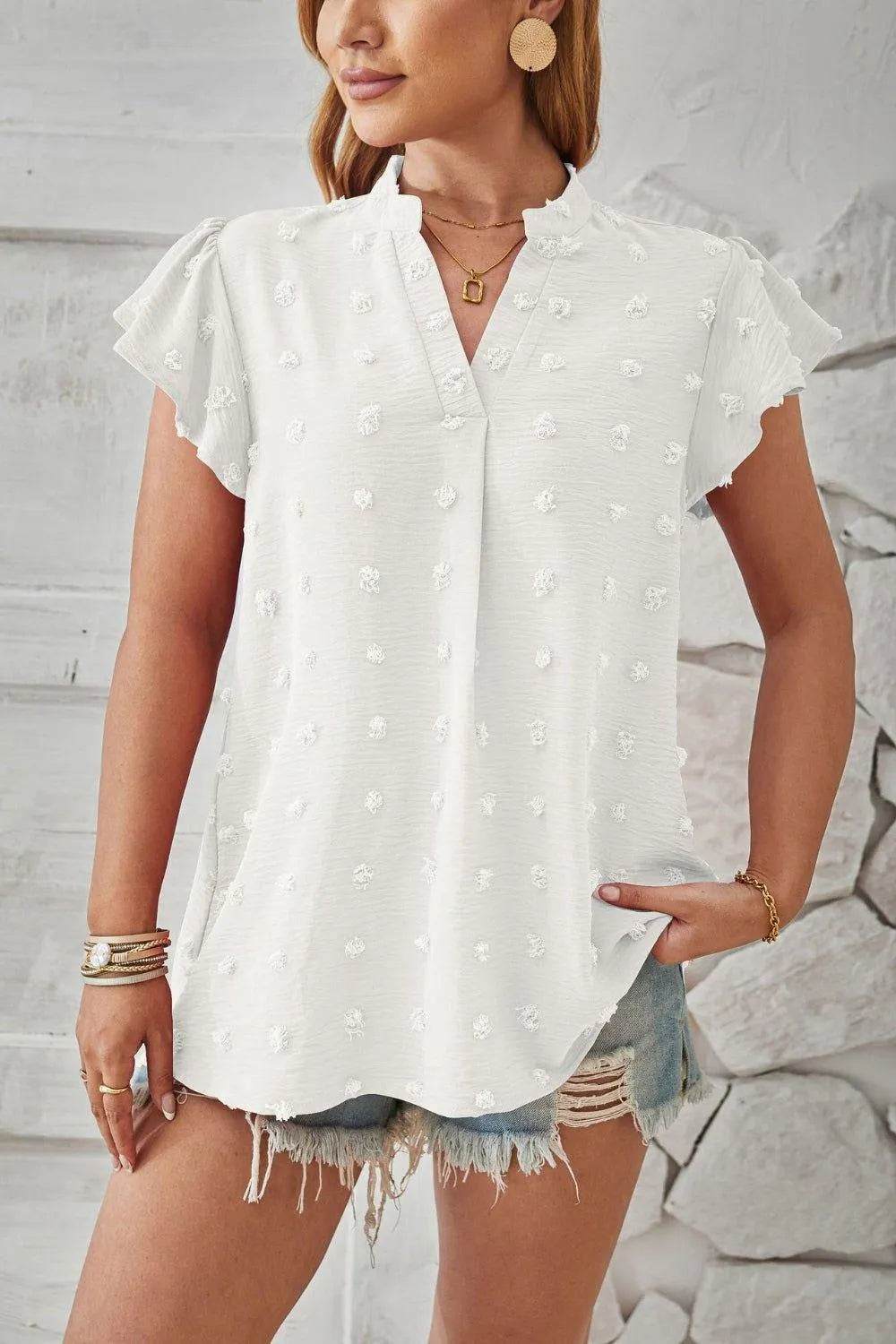 Bona Fide Fashion - Swiss Dot Notched Cap Sleeve T-Shirt - Women Fashion - Bona Fide Fashion