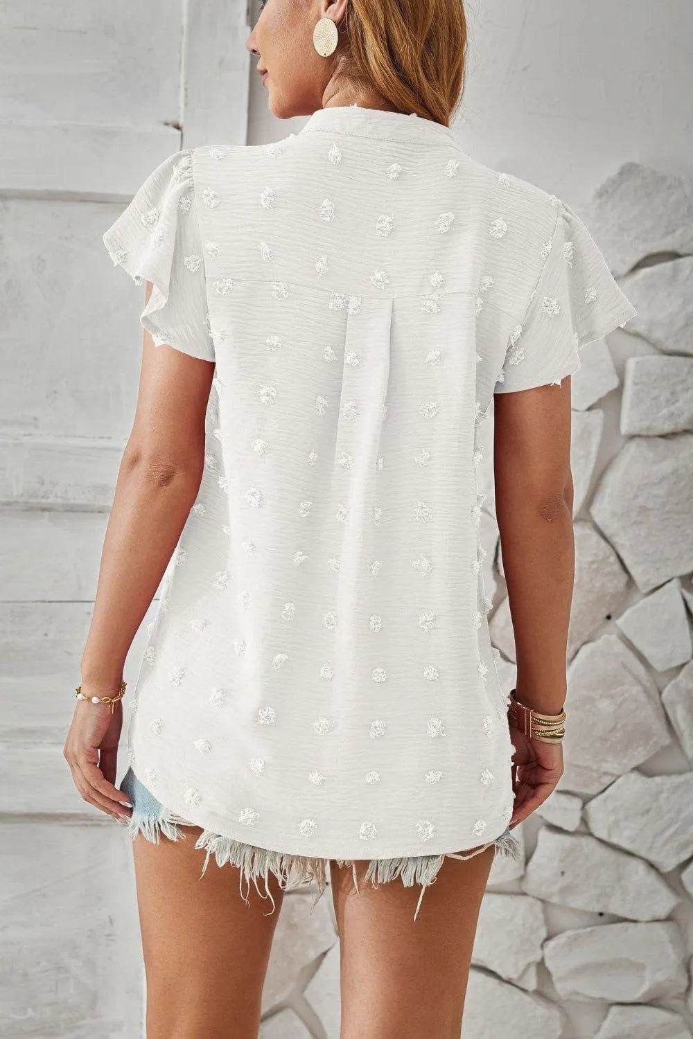 Bona Fide Fashion - Swiss Dot Notched Cap Sleeve T-Shirt - Women Fashion - Bona Fide Fashion