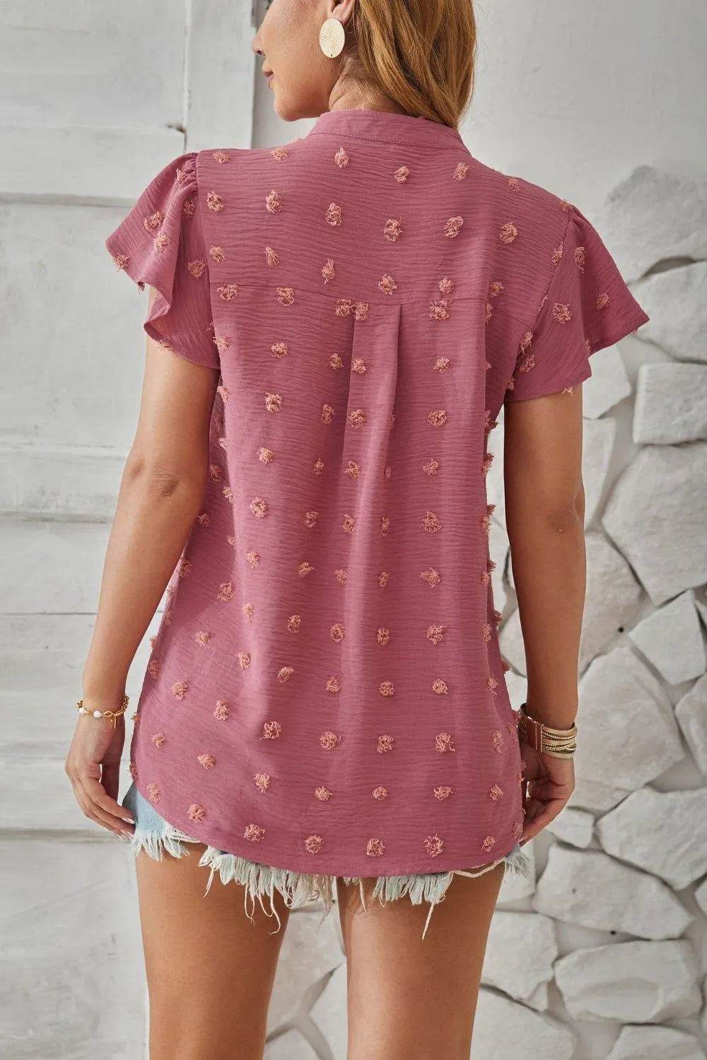 Bona Fide Fashion - Swiss Dot Notched Cap Sleeve T-Shirt - Women Fashion - Bona Fide Fashion