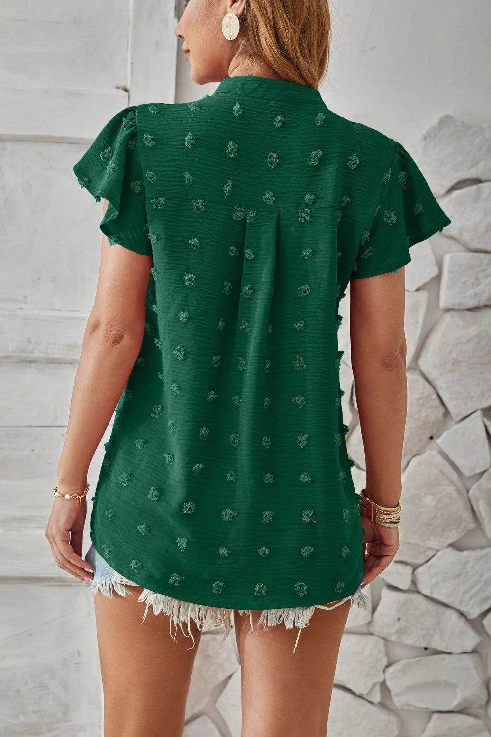 Bona Fide Fashion - Swiss Dot Notched Cap Sleeve T-Shirt - Women Fashion - Bona Fide Fashion