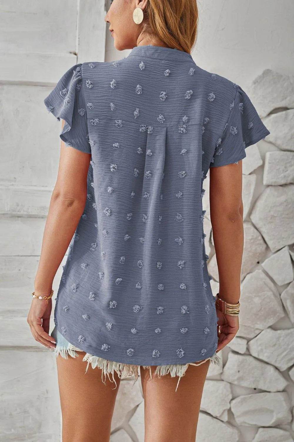 Bona Fide Fashion - Swiss Dot Notched Cap Sleeve T-Shirt - Women Fashion - Bona Fide Fashion