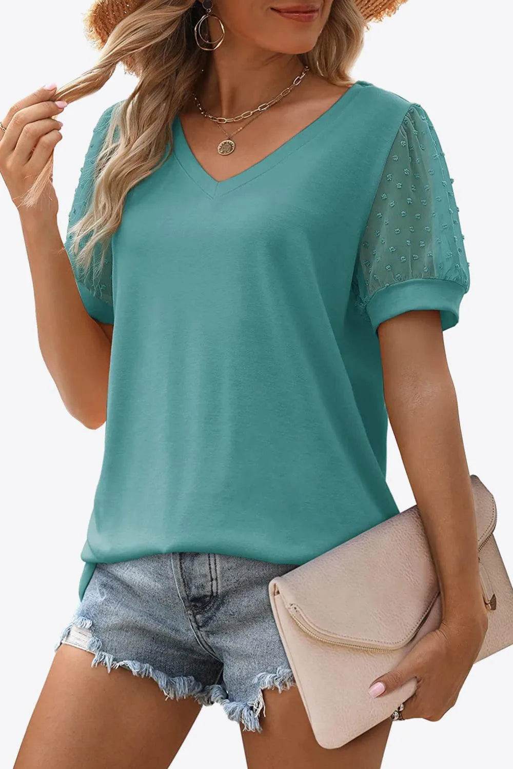 Bona Fide Fashion - Swiss Dot Puff Sleeve V-Neck Tee - Women Fashion - Bona Fide Fashion