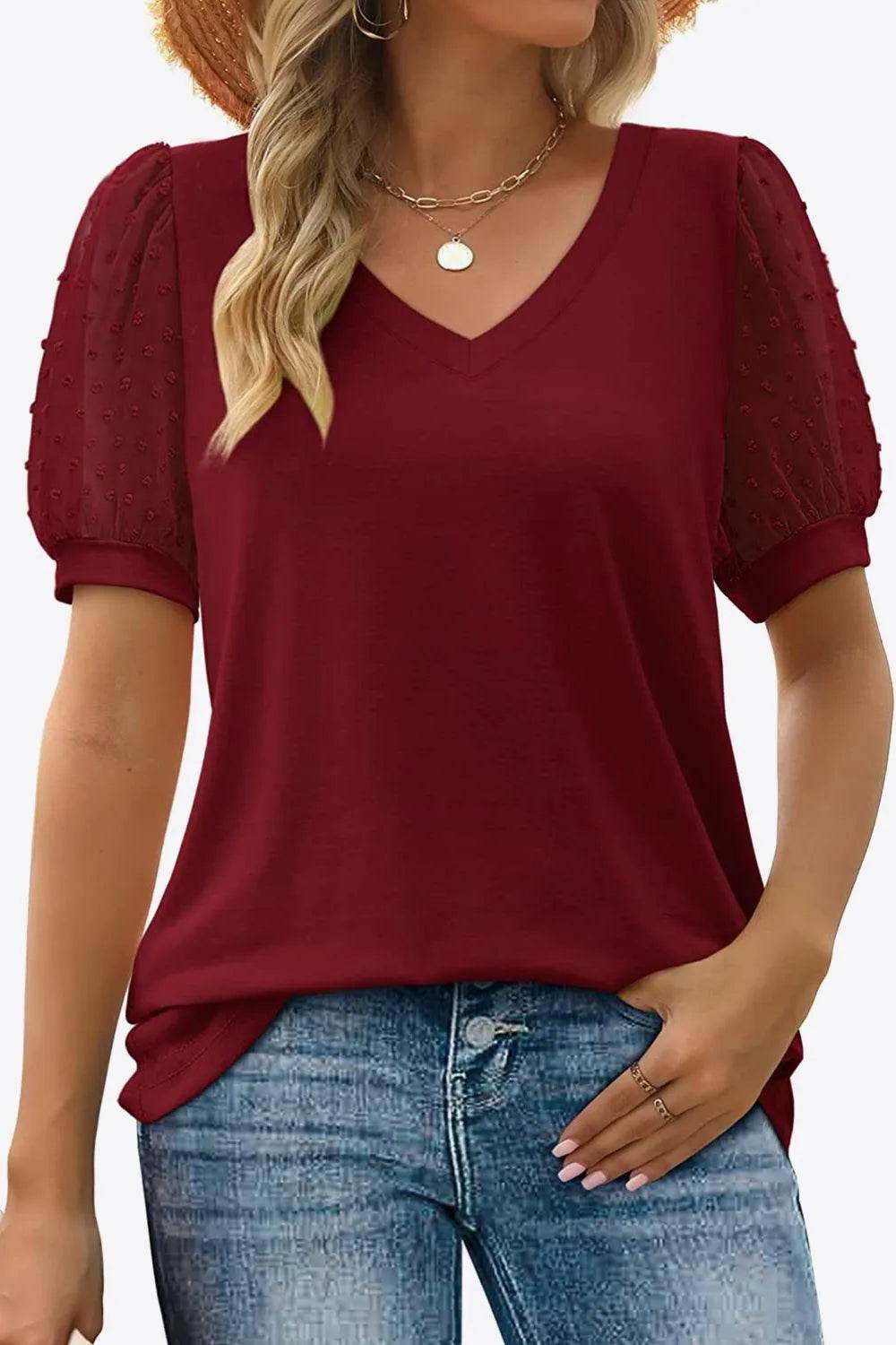 Bona Fide Fashion - Swiss Dot Puff Sleeve V-Neck Tee - Women Fashion - Bona Fide Fashion