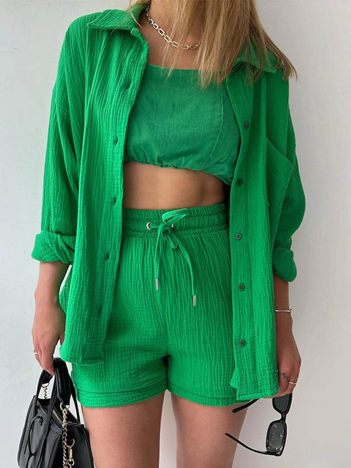 Bona Fide Fashion - Texture Button Up Shirt and Drawstring Bottom Set - Women Fashion - Bona Fide Fashion