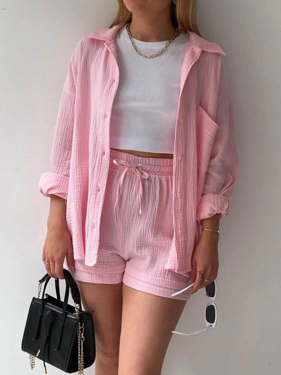 Bona Fide Fashion - Texture Button Up Shirt and Drawstring Bottom Set - Women Fashion - Bona Fide Fashion