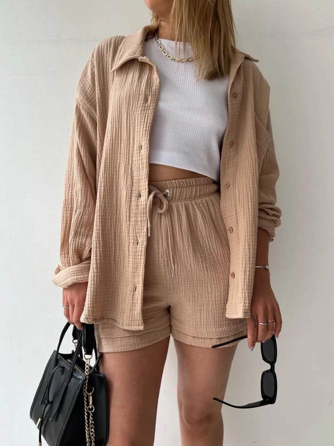 Bona Fide Fashion - Texture Button Up Shirt and Drawstring Bottom Set - Women Fashion - Bona Fide Fashion
