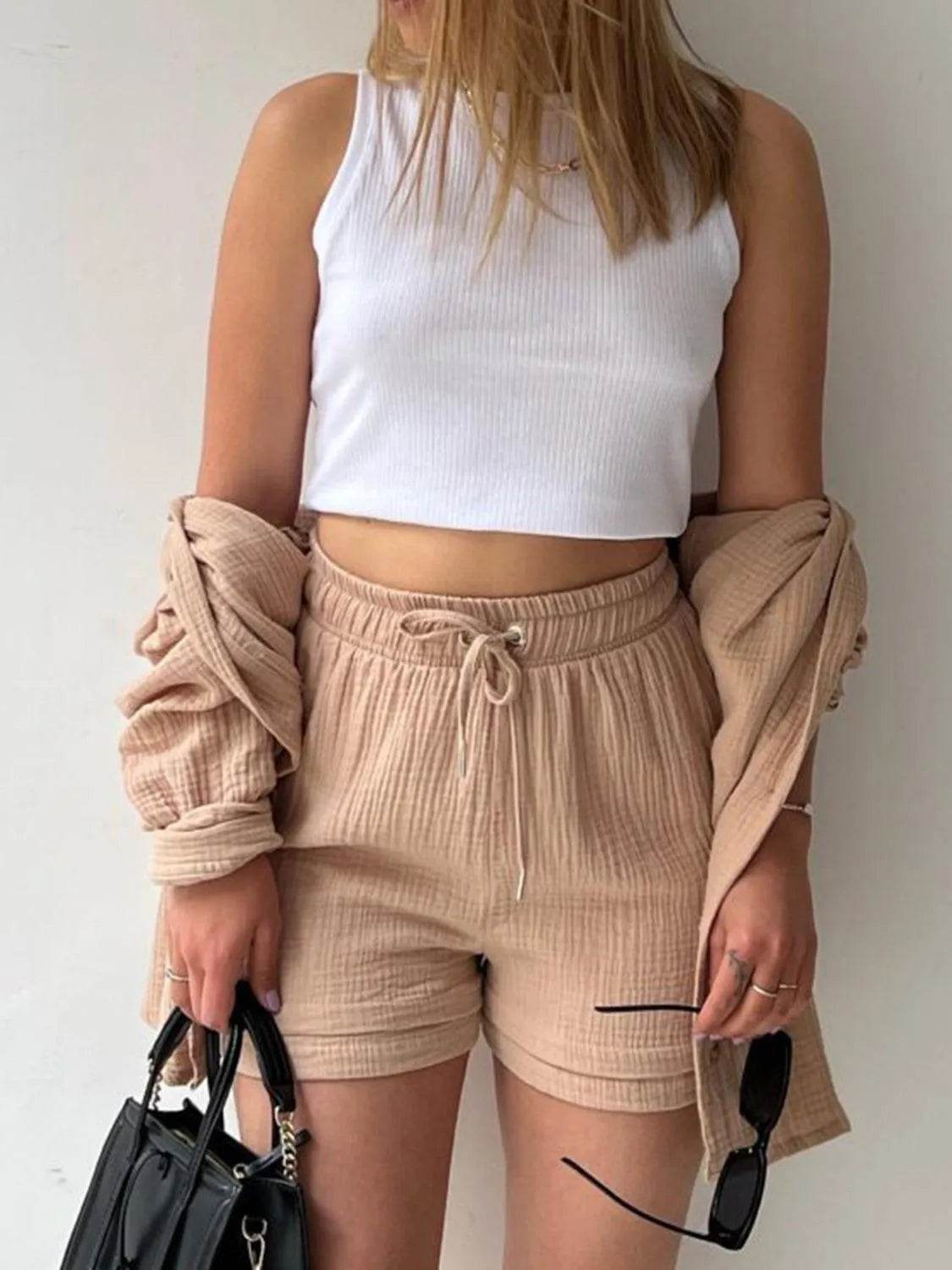 Bona Fide Fashion - Texture Button Up Shirt and Drawstring Bottom Set - Women Fashion - Bona Fide Fashion