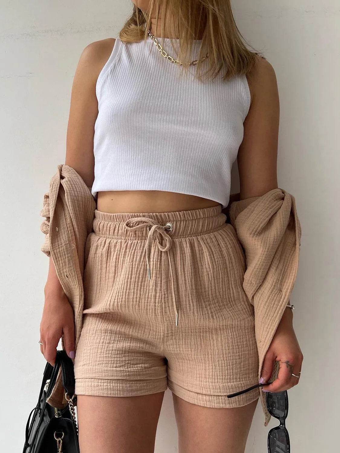 Bona Fide Fashion - Texture Button Up Shirt and Drawstring Bottom Set - Women Fashion - Bona Fide Fashion