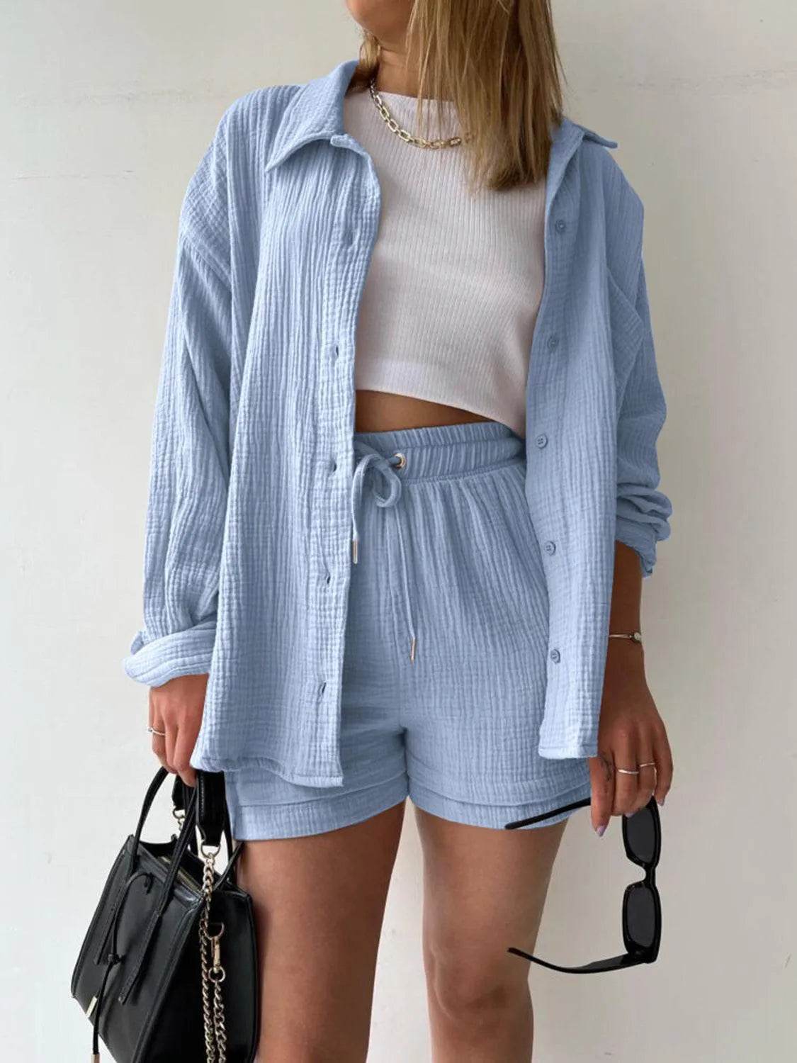 Bona Fide Fashion - Texture Button Up Shirt and Drawstring Bottom Set - Women Fashion - Bona Fide Fashion
