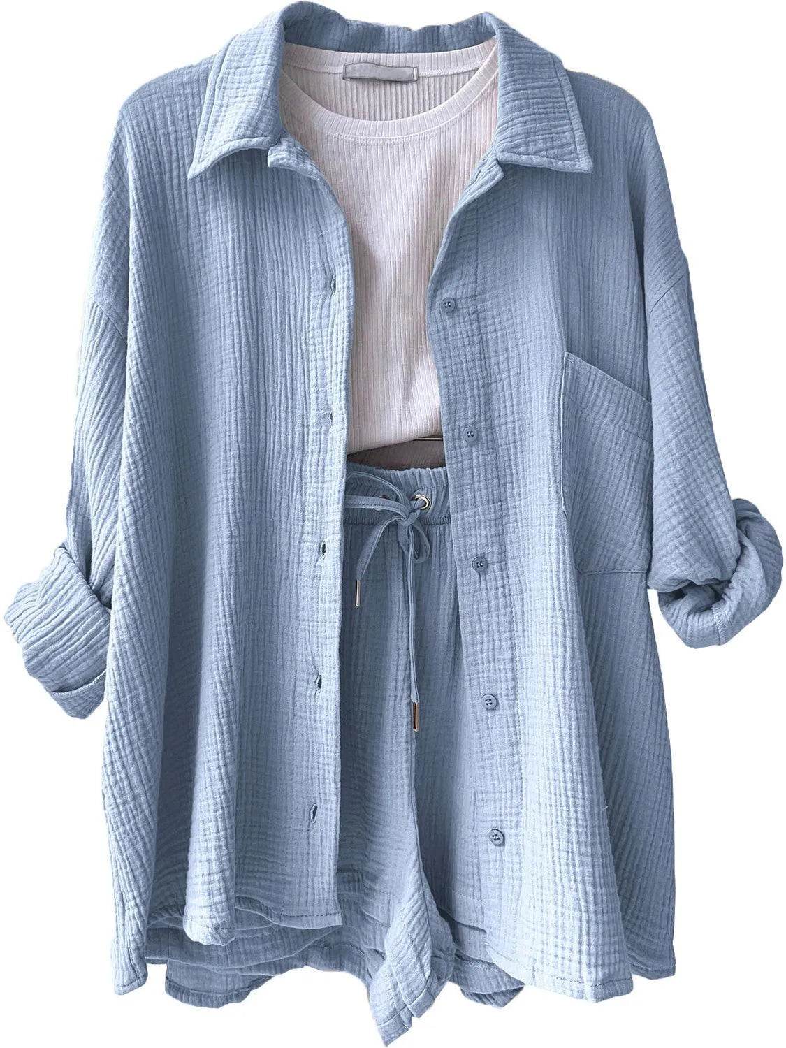 Bona Fide Fashion - Texture Button Up Shirt and Drawstring Bottom Set - Women Fashion - Bona Fide Fashion