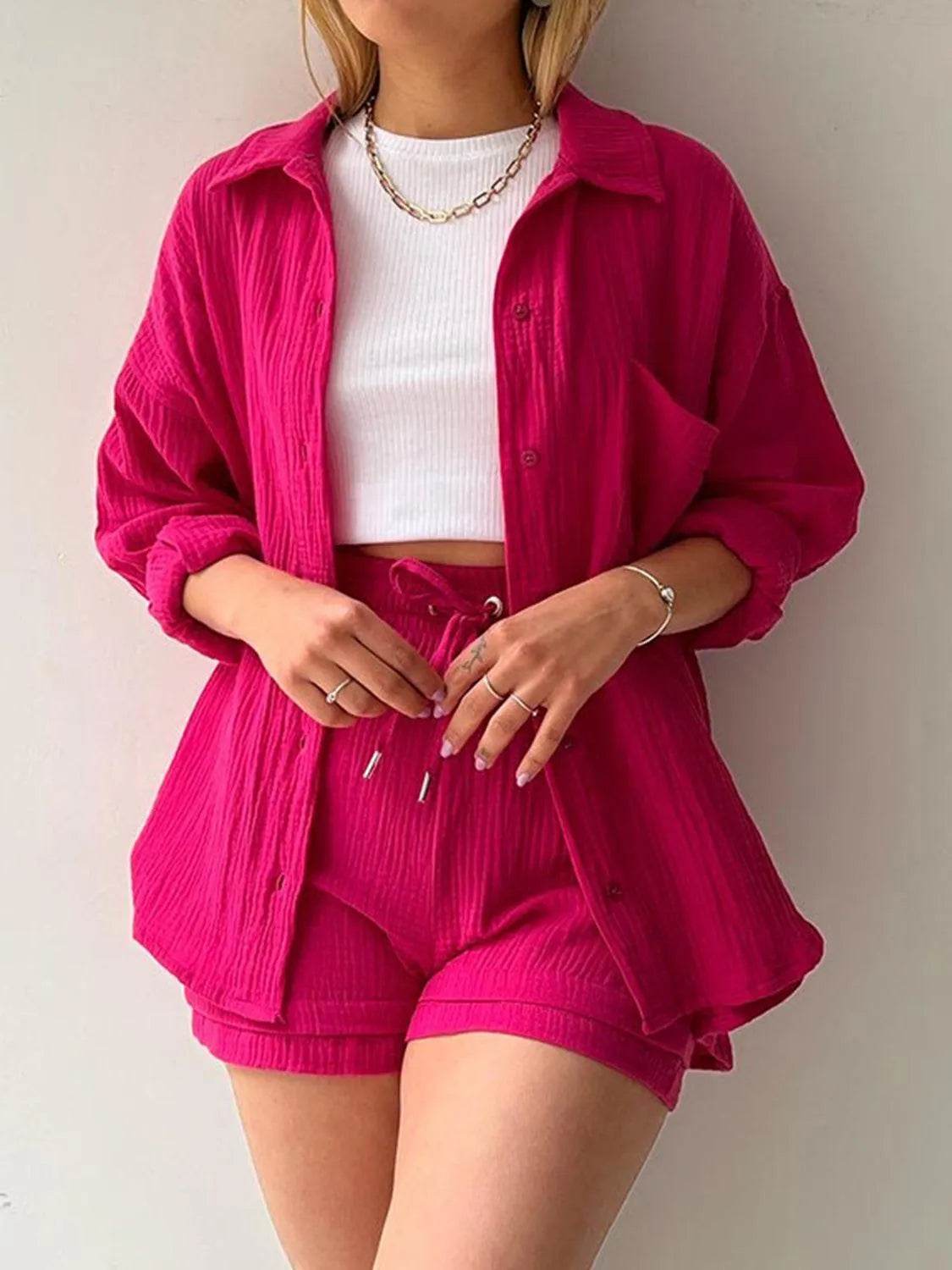 Bona Fide Fashion - Texture Button Up Shirt and Drawstring Bottom Set - Women Fashion - Bona Fide Fashion