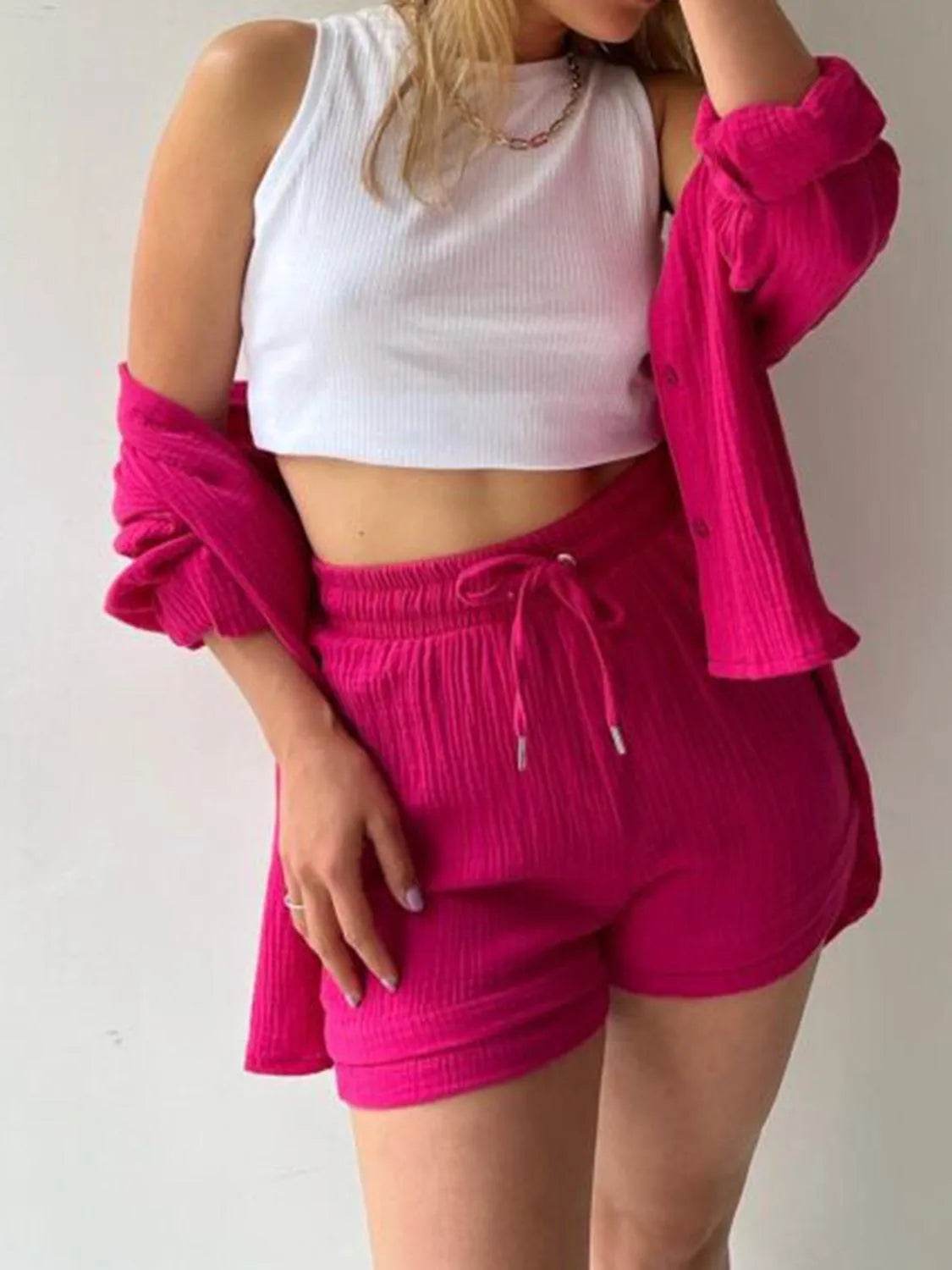 Bona Fide Fashion - Texture Button Up Shirt and Drawstring Bottom Set - Women Fashion - Bona Fide Fashion