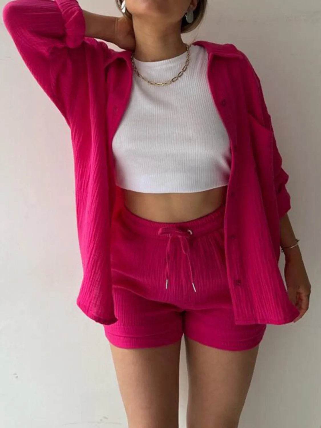 Bona Fide Fashion - Texture Button Up Shirt and Drawstring Bottom Set - Women Fashion - Bona Fide Fashion