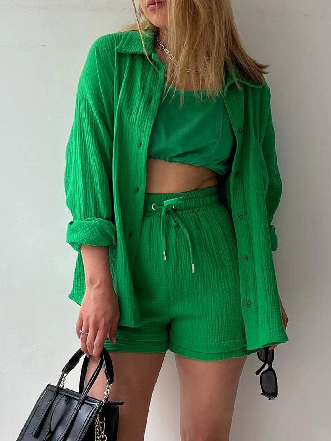 Bona Fide Fashion - Texture Button Up Shirt and Drawstring Bottom Set - Women Fashion - Bona Fide Fashion