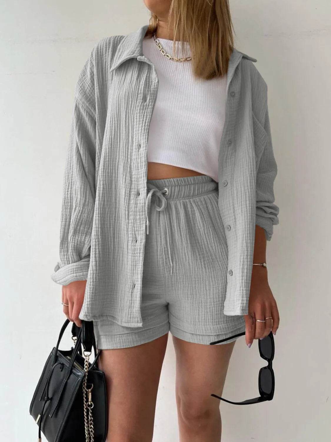 Bona Fide Fashion - Texture Button Up Shirt and Drawstring Bottom Set - Women Fashion - Bona Fide Fashion