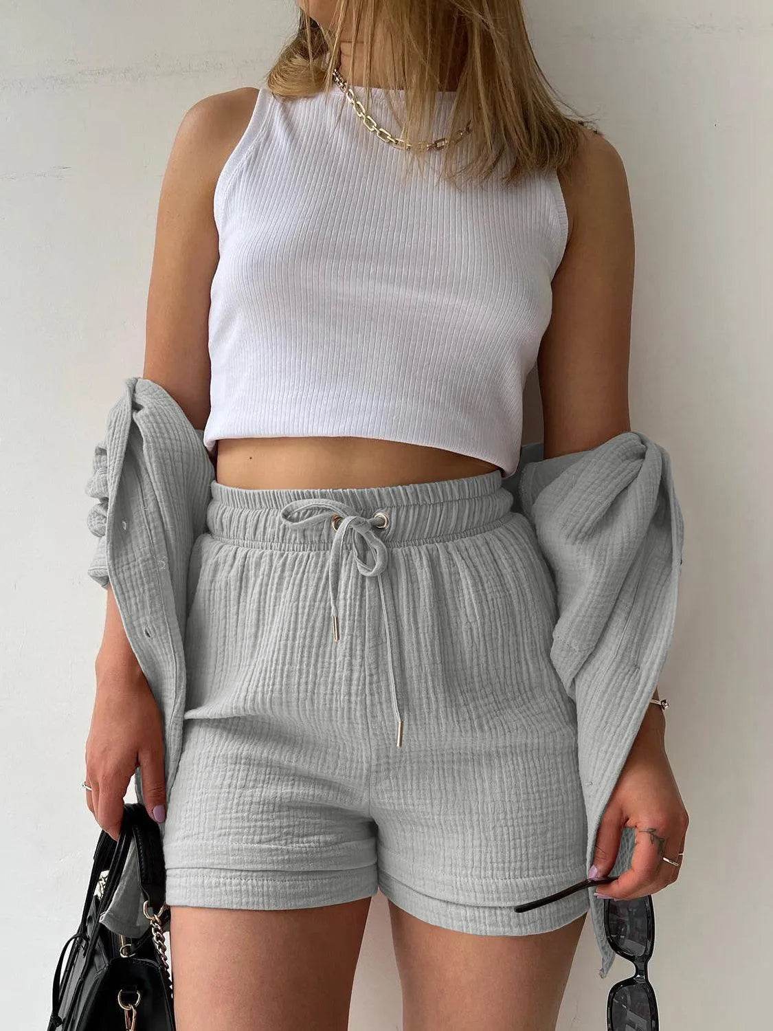 Bona Fide Fashion - Texture Button Up Shirt and Drawstring Bottom Set - Women Fashion - Bona Fide Fashion