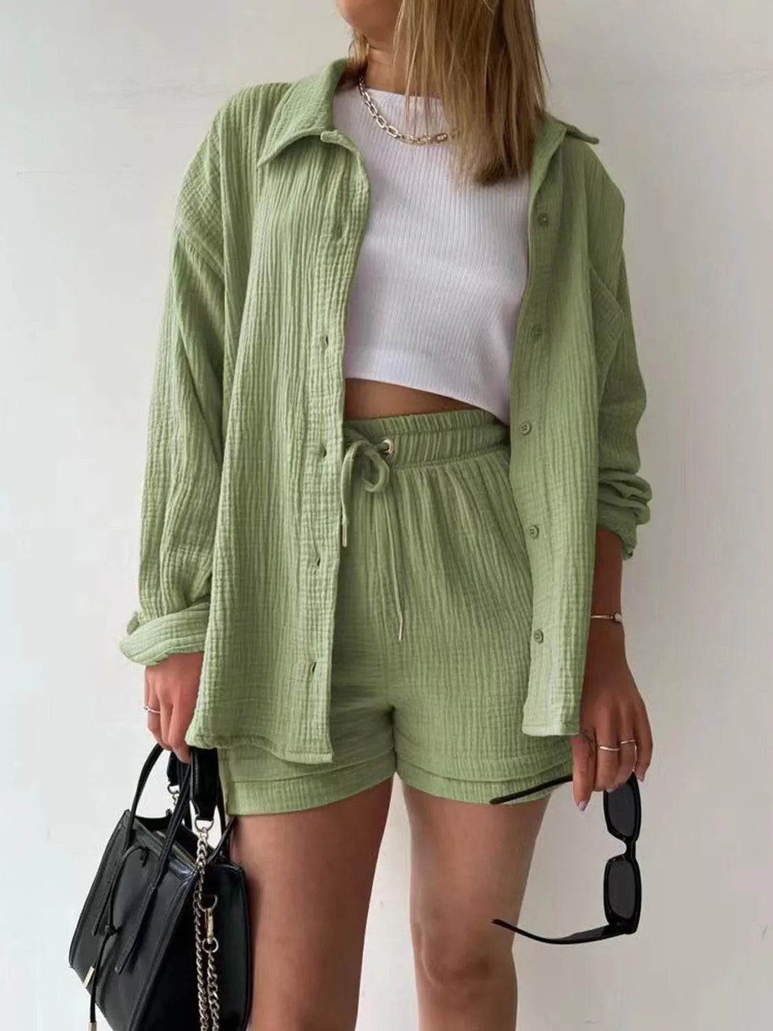 Bona Fide Fashion - Texture Button Up Shirt and Drawstring Bottom Set - Women Fashion - Bona Fide Fashion