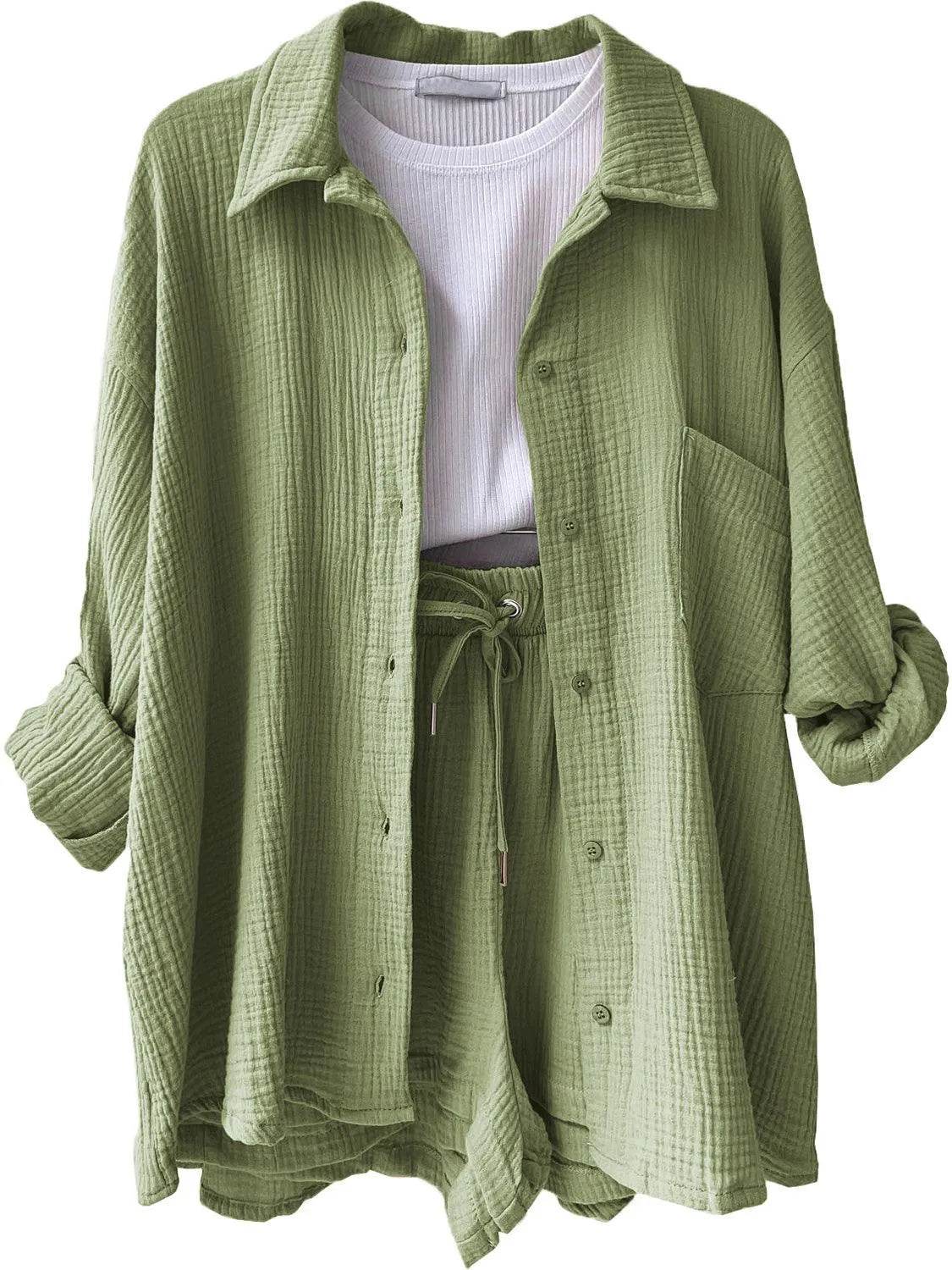Bona Fide Fashion - Texture Button Up Shirt and Drawstring Bottom Set - Women Fashion - Bona Fide Fashion