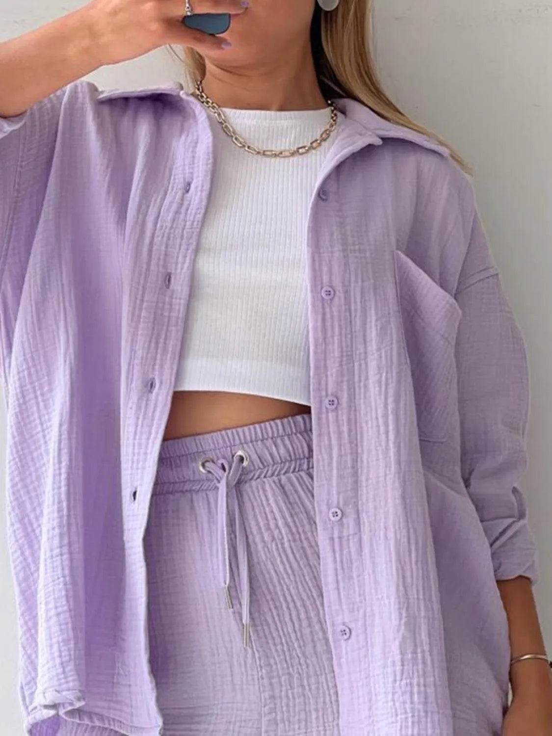 Bona Fide Fashion - Texture Button Up Shirt and Drawstring Bottom Set - Women Fashion - Bona Fide Fashion