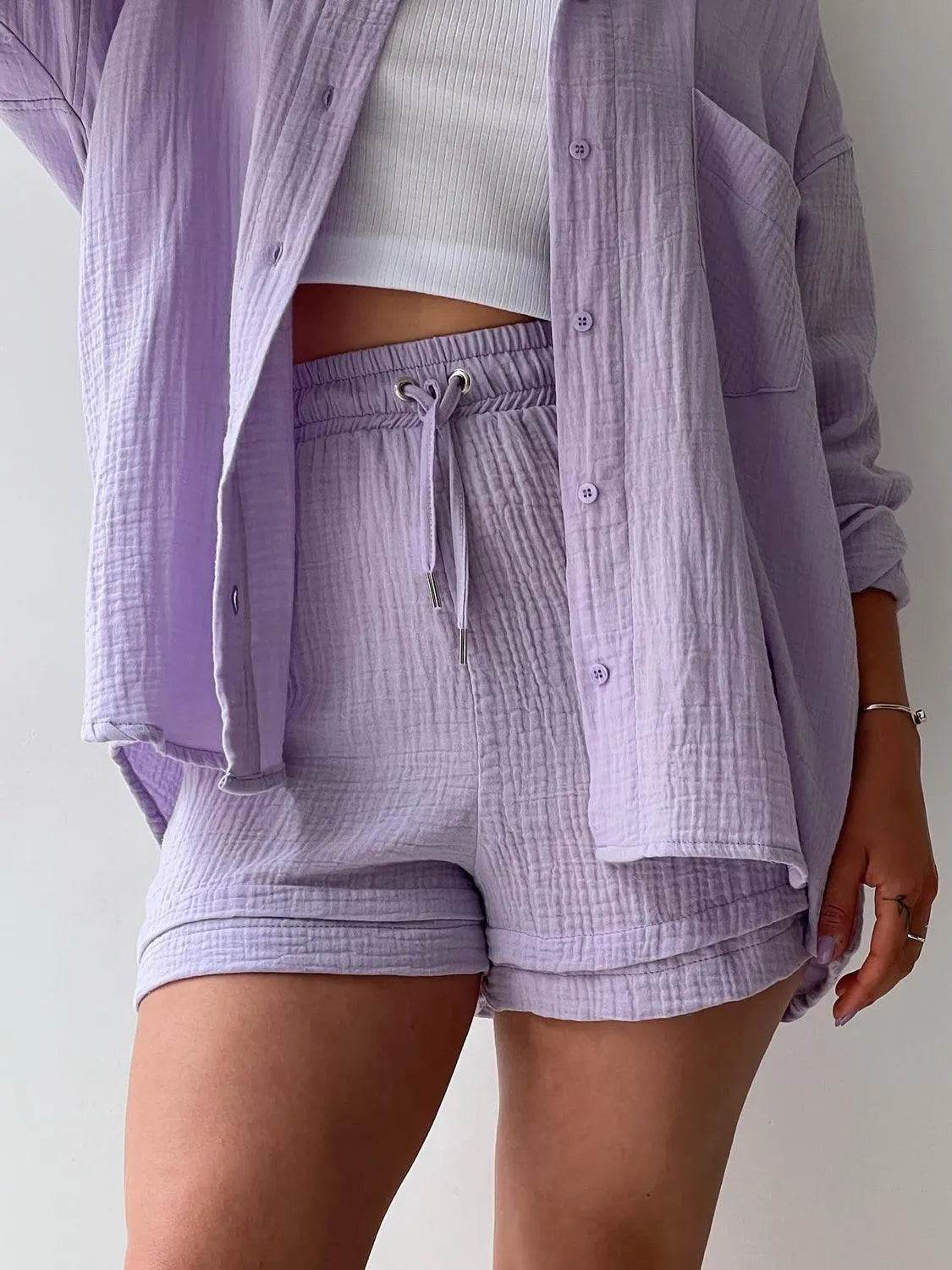 Bona Fide Fashion - Texture Button Up Shirt and Drawstring Bottom Set - Women Fashion - Bona Fide Fashion