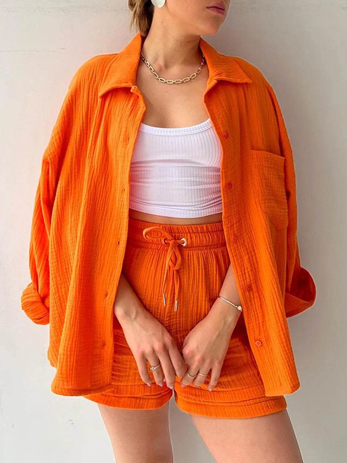 Bona Fide Fashion - Texture Button Up Shirt and Drawstring Bottom Set - Women Fashion - Bona Fide Fashion