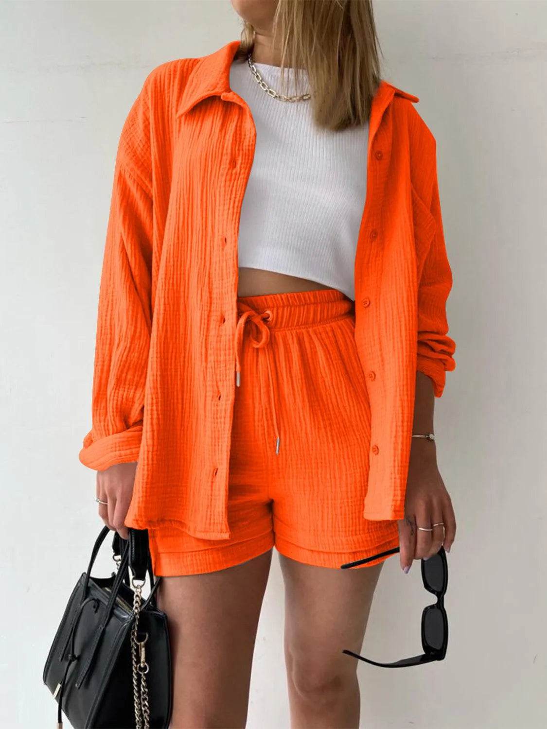 Bona Fide Fashion - Texture Button Up Shirt and Drawstring Bottom Set - Women Fashion - Bona Fide Fashion