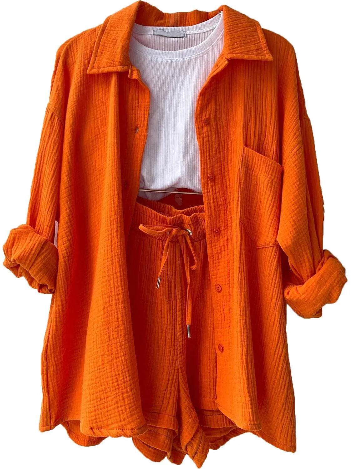 Bona Fide Fashion - Texture Button Up Shirt and Drawstring Bottom Set - Women Fashion - Bona Fide Fashion