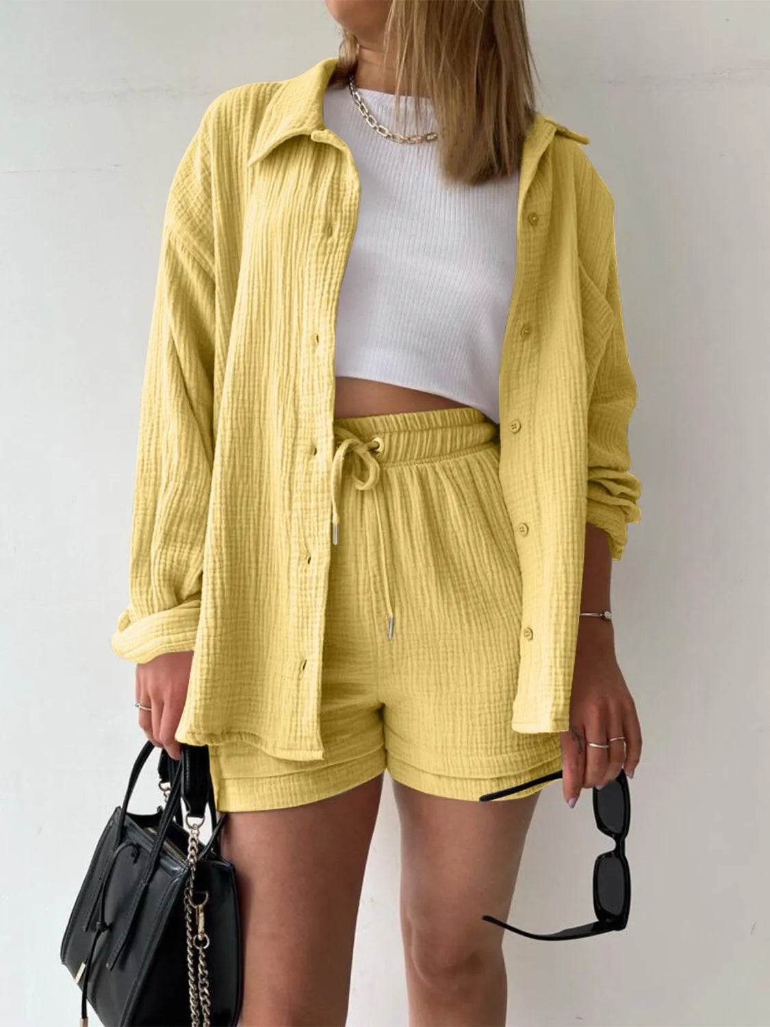 Bona Fide Fashion - Texture Button Up Shirt and Drawstring Bottom Set - Women Fashion - Bona Fide Fashion