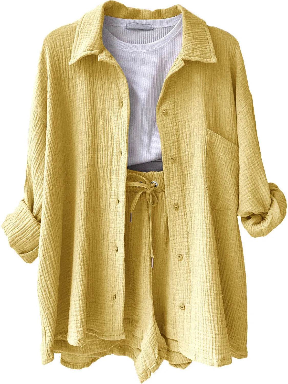 Bona Fide Fashion - Texture Button Up Shirt and Drawstring Bottom Set - Women Fashion - Bona Fide Fashion