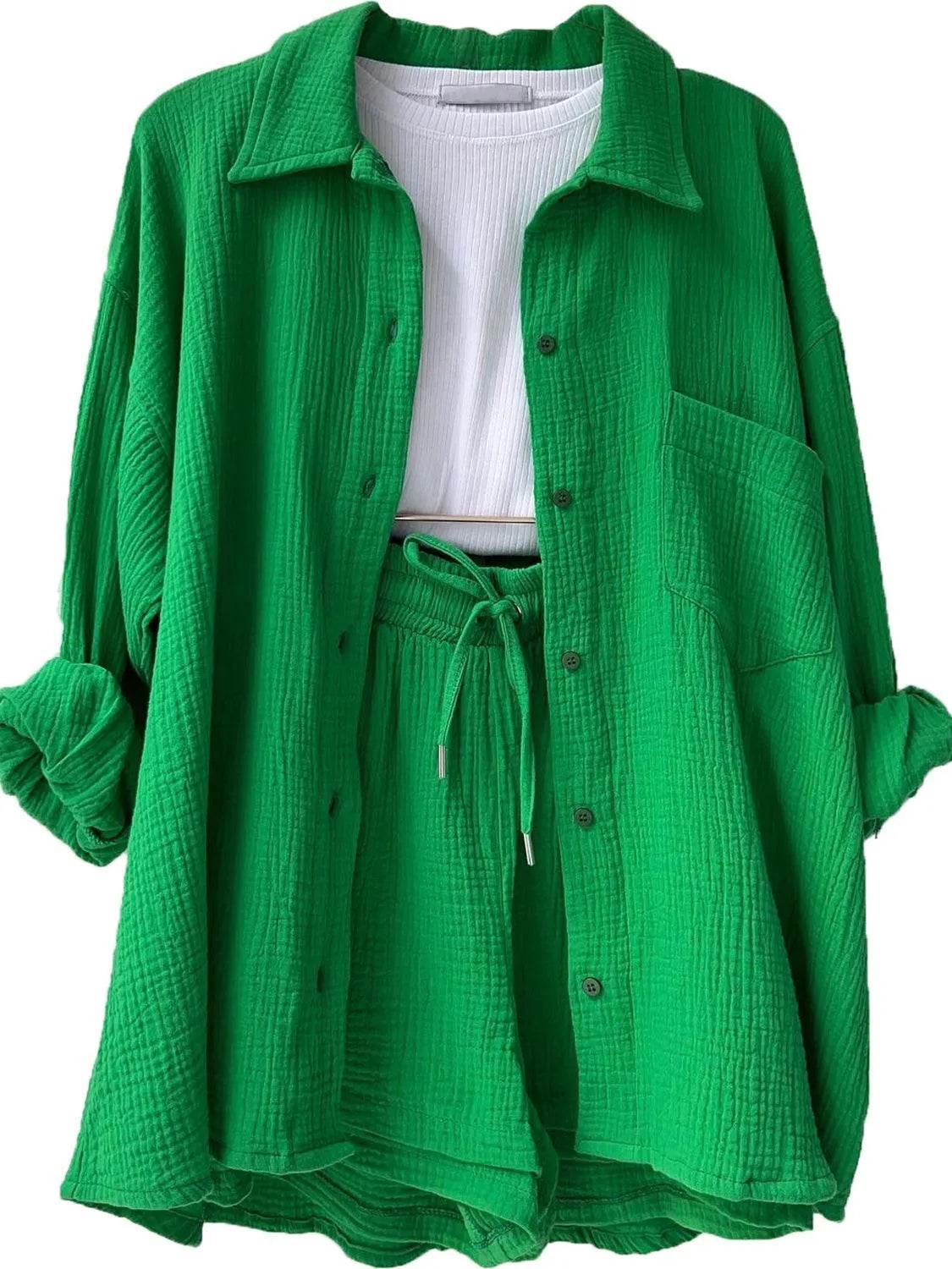 Bona Fide Fashion - Texture Button Up Shirt and Drawstring Bottom Set - Women Fashion - Bona Fide Fashion