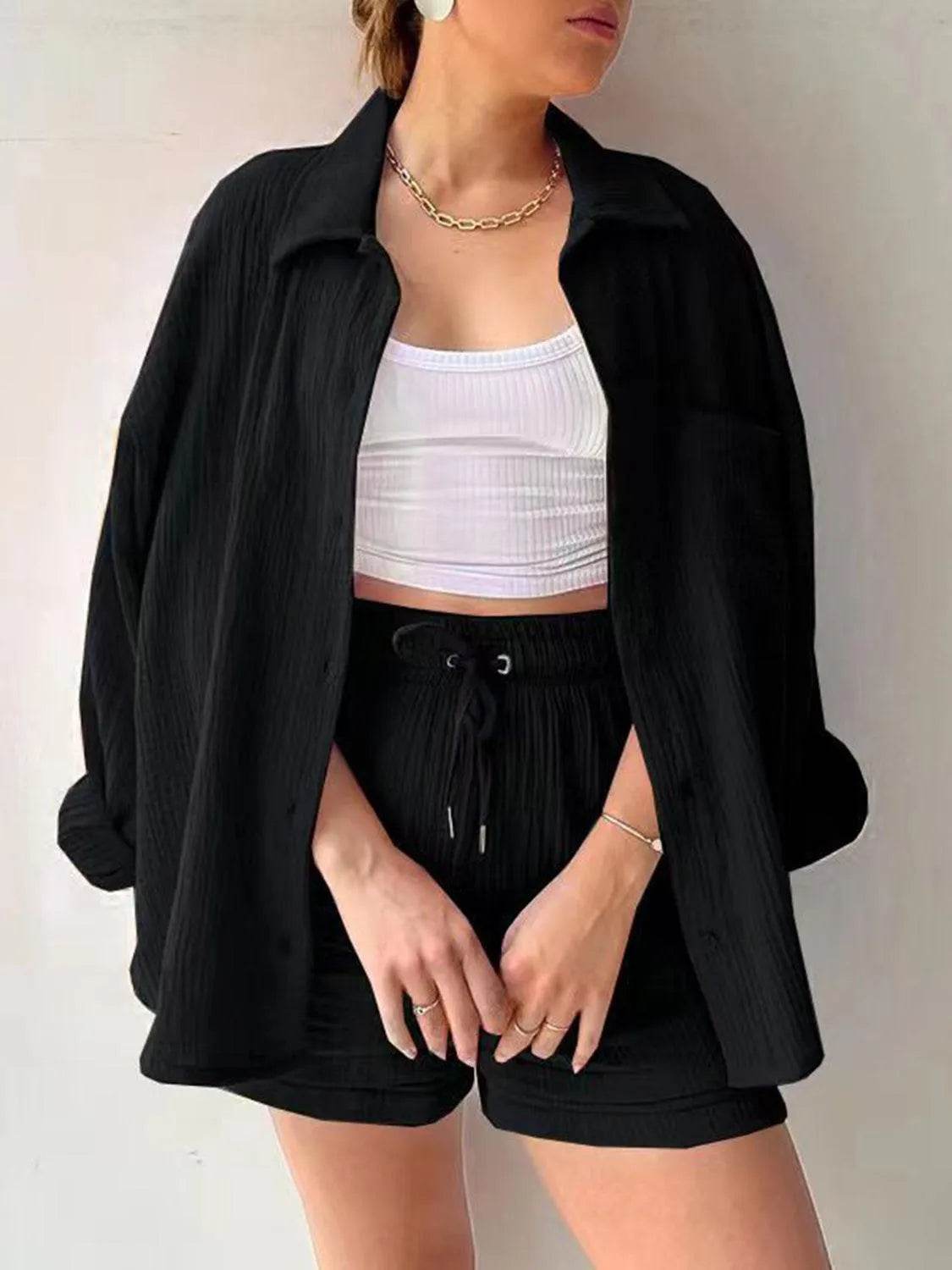 Bona Fide Fashion - Texture Button Up Shirt and Drawstring Bottom Set - Women Fashion - Bona Fide Fashion