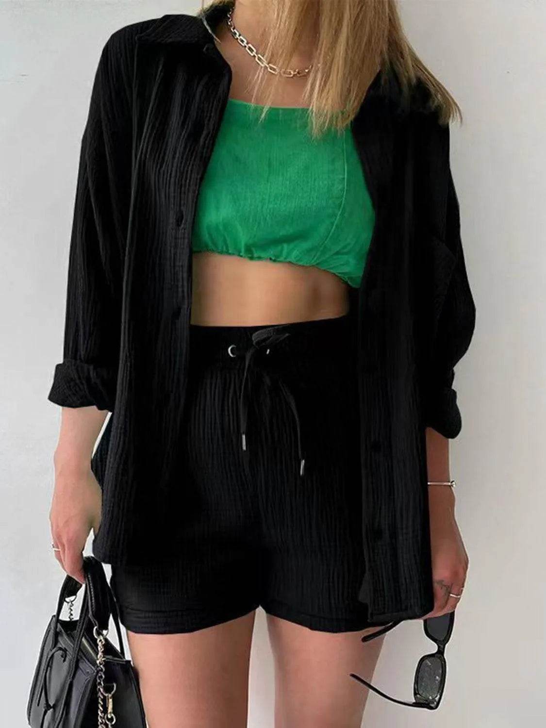 Bona Fide Fashion - Texture Button Up Shirt and Drawstring Bottom Set - Women Fashion - Bona Fide Fashion