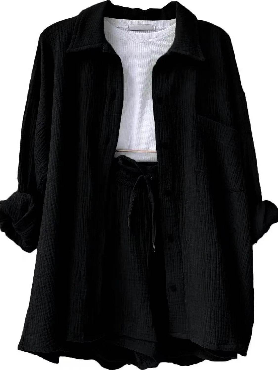 Bona Fide Fashion - Texture Button Up Shirt and Drawstring Bottom Set - Women Fashion - Bona Fide Fashion