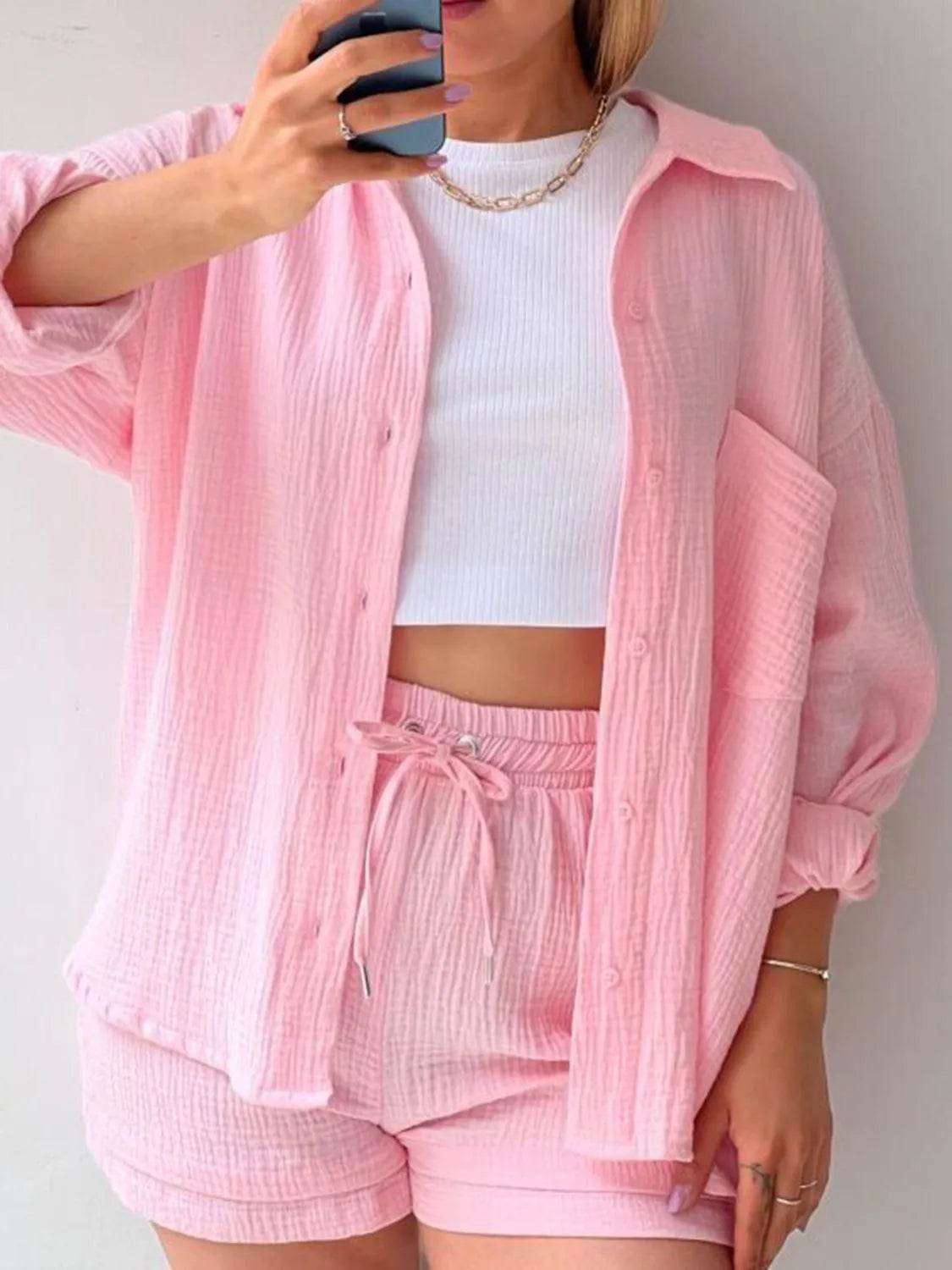 Bona Fide Fashion - Texture Button Up Shirt and Drawstring Bottom Set - Women Fashion - Bona Fide Fashion