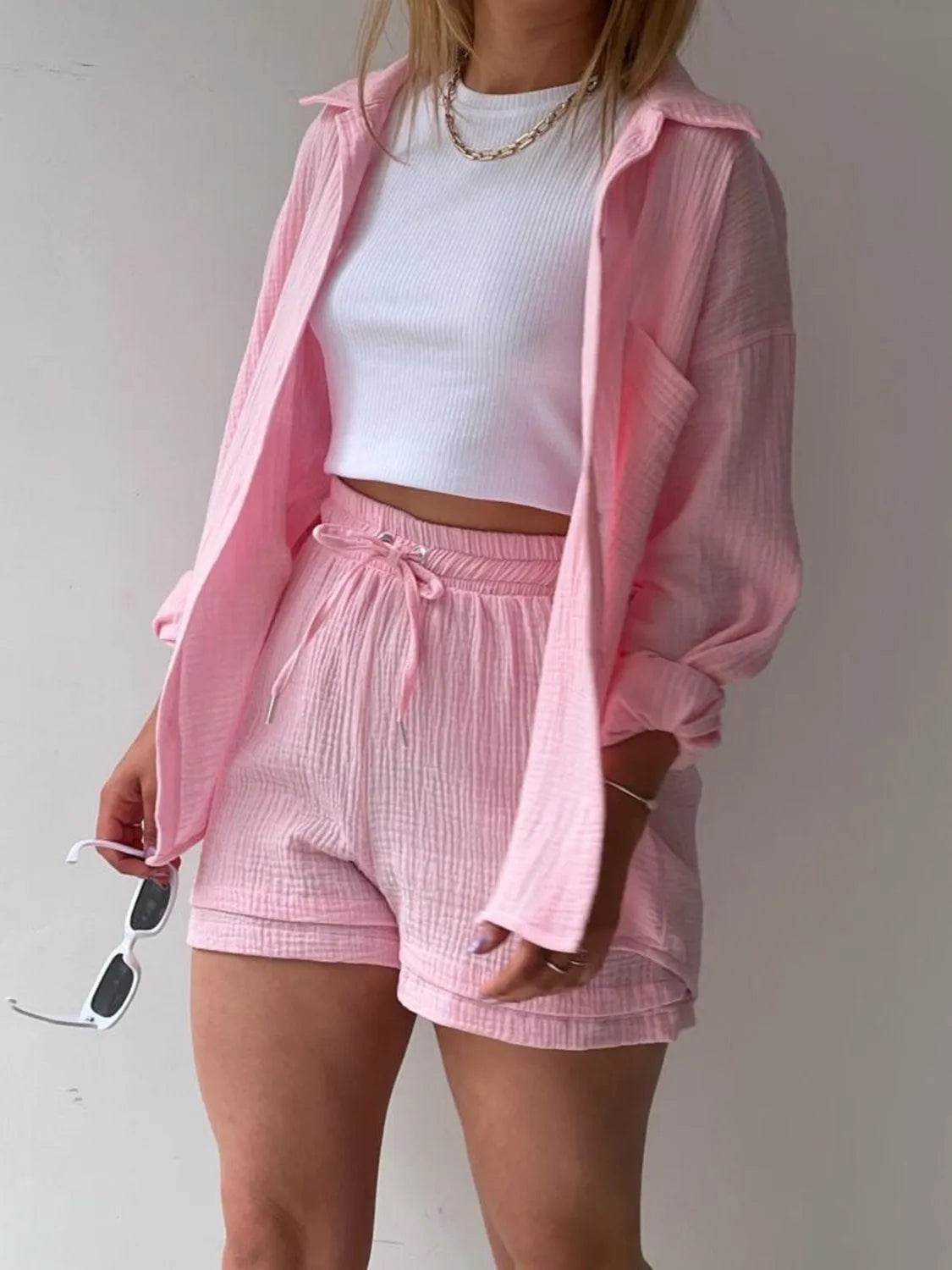 Bona Fide Fashion - Texture Button Up Shirt and Drawstring Bottom Set - Women Fashion - Bona Fide Fashion