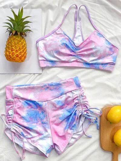 Bona Fide Fashion - Tie-Dye Spaghetti Strap Top and Drawstring Shorts Swim Set - Women Fashion - Bona Fide Fashion