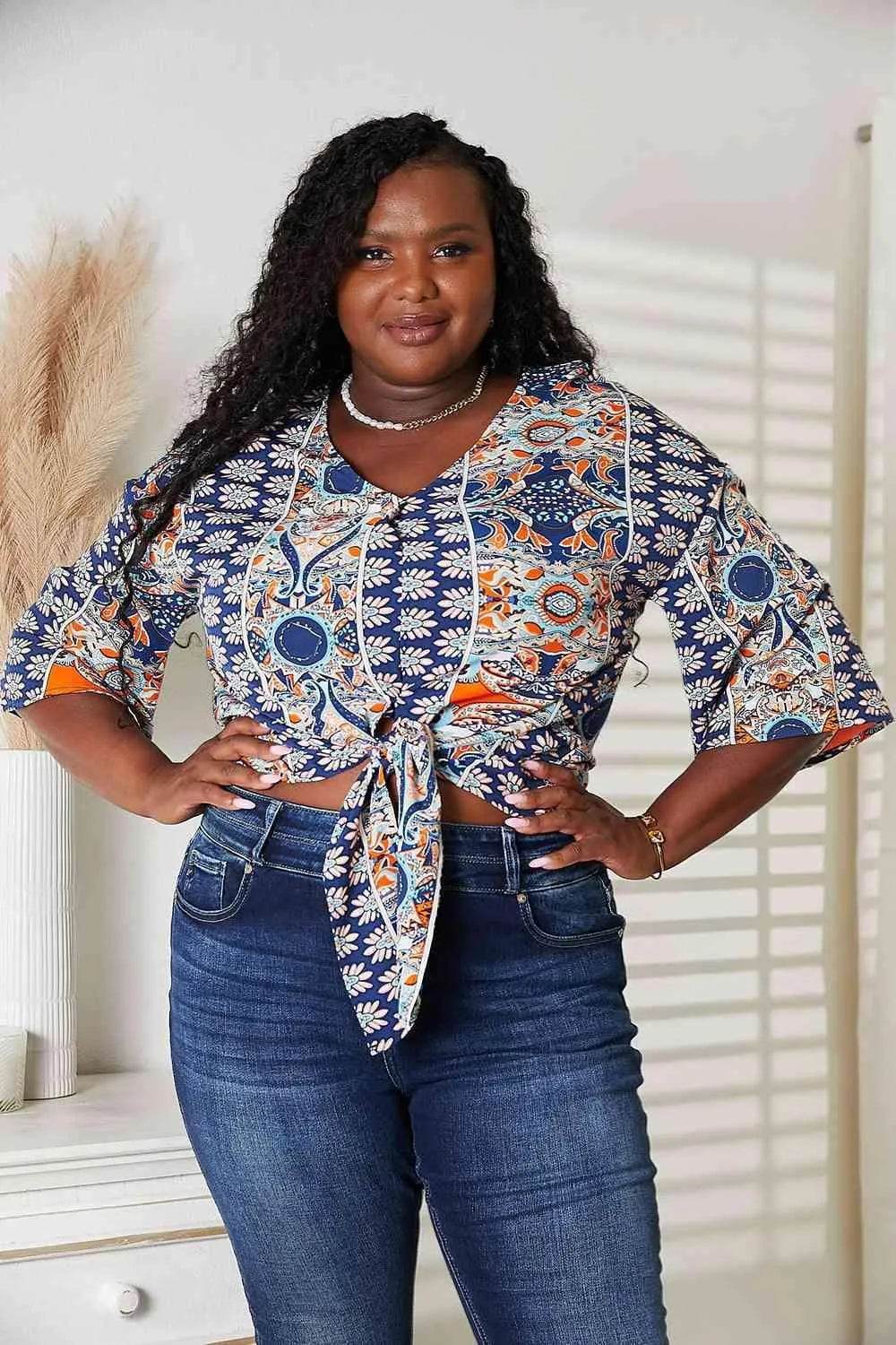 Bona Fide Fashion - Tie Hem V-Neck Three-Quarter Sleeve Blouse - Women Fashion - Bona Fide Fashion