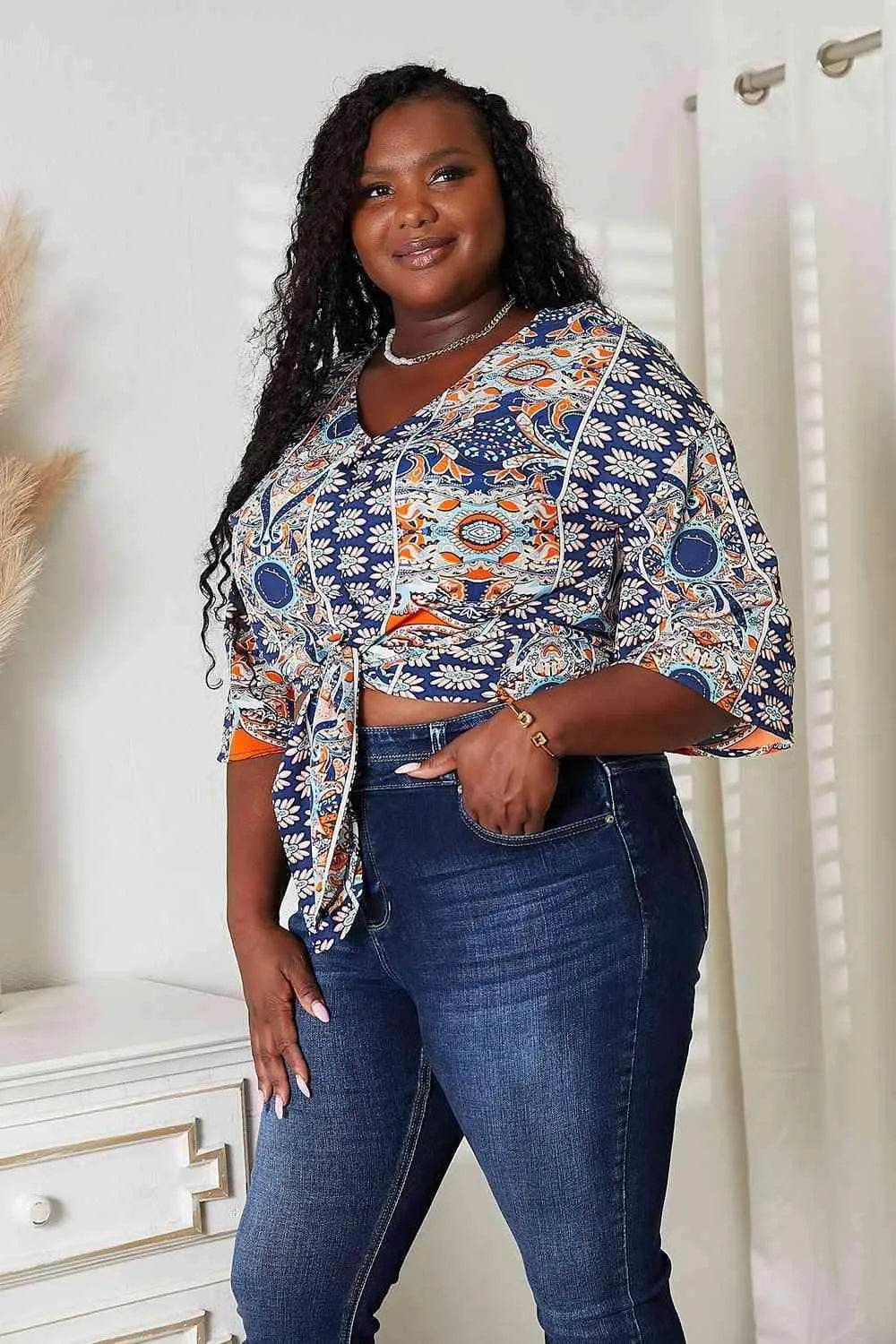 Bona Fide Fashion - Tie Hem V-Neck Three-Quarter Sleeve Blouse - Women Fashion - Bona Fide Fashion
