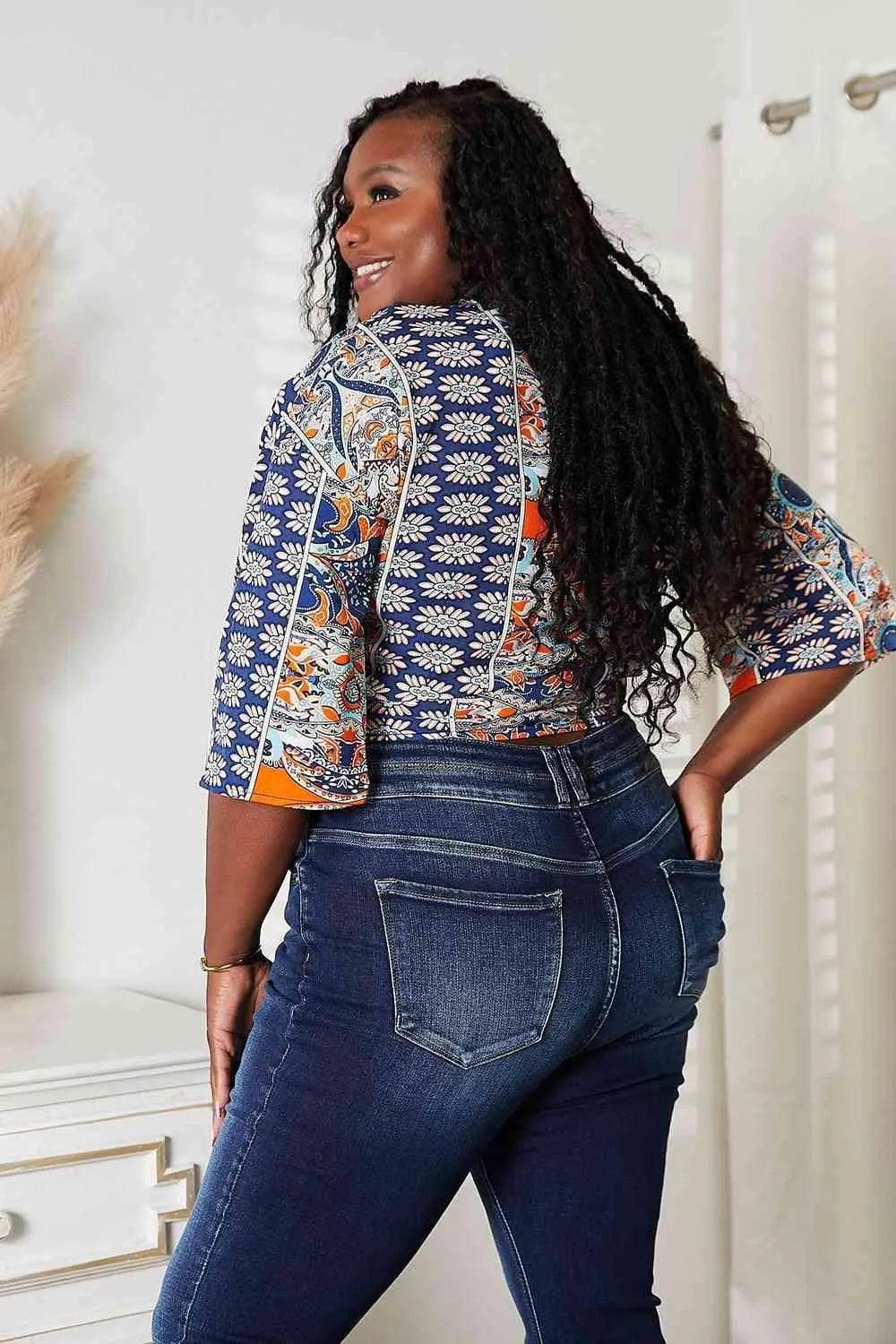 Bona Fide Fashion - Tie Hem V-Neck Three-Quarter Sleeve Blouse - Women Fashion - Bona Fide Fashion