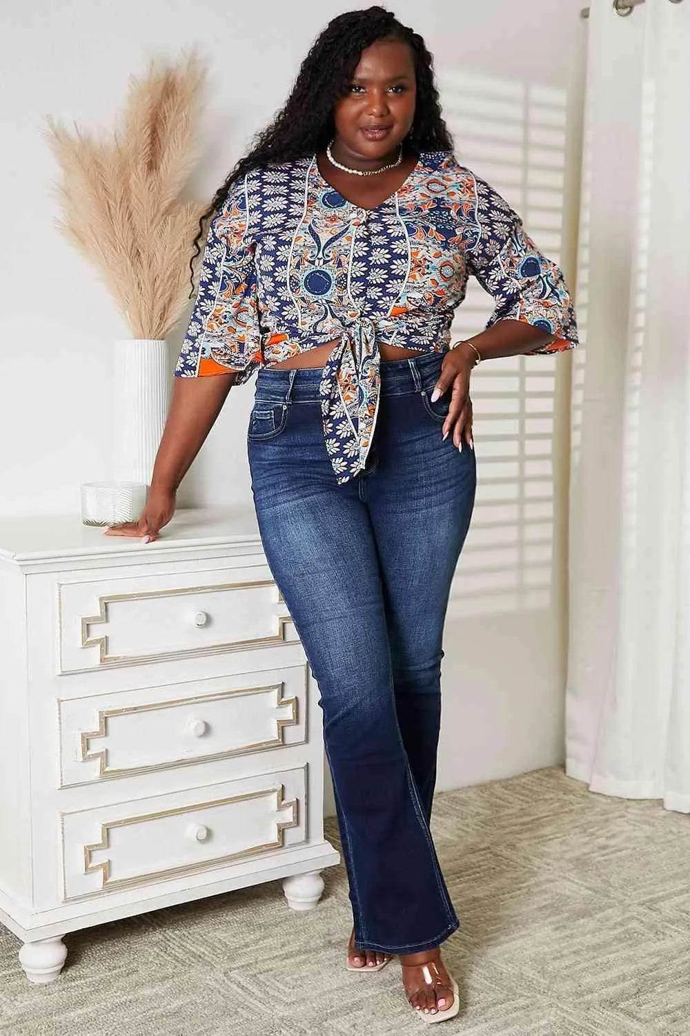 Bona Fide Fashion - Tie Hem V-Neck Three-Quarter Sleeve Blouse - Women Fashion - Bona Fide Fashion